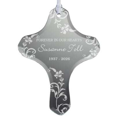 Personalization Universe in Loving Memory Memorial Cross Ornament, Etched Glass Christmas Tree Ornament with Ribbon, Personalized Christmas Ornaments for Remembering Loved Ones