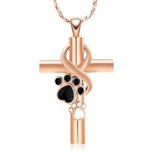 Cross Urn Necklace for Ashes Pet Paw Cremation Jewelry Ashes Necklace for Dog/Cat Paw Print Memorial Locket for Women Men - color: Rose gold
