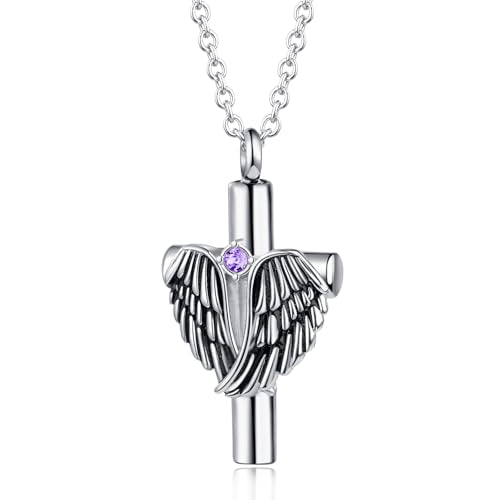 Angel Wing Cross Urn Necklace for Ashes Birthstone Stainless Steel Cremation Jewelry Women Men - color: Feb