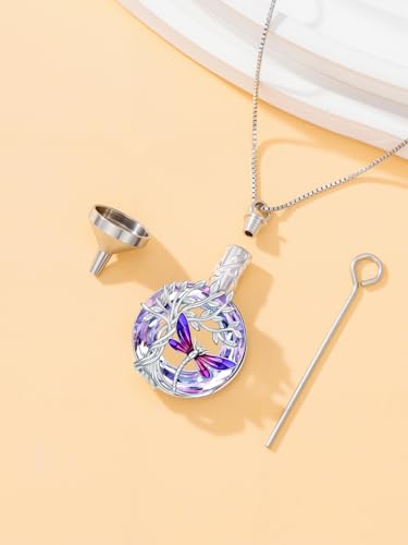 TOUPOP Butterfly Necklace for Women 925 Sterling Silver Tree of Life Butterflies Dragonfly Hummingbird Pendant Necklaces Crystal Jewelry Anniversary Christmas Birthday Gift for Her - color: Dragonfly Purple - Urn