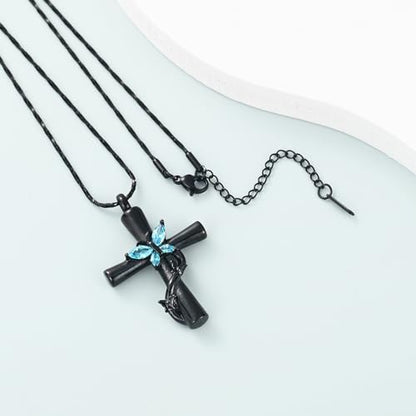 Imrsanl Cross with Butterfly Urn Necklaces for Ashes for Women - color: Black Light Blue