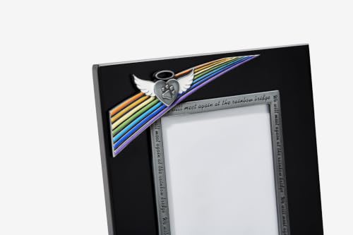 Personalized Rainbow Bridge Pet Memorial Picture Frame | 2-Line Custom Message, Holds 4x6 Photo, Paw Print Angel Wings, MDF Construction, Easel Back Stand