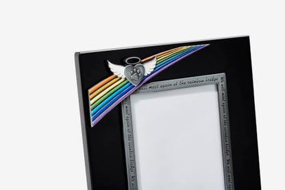 Personalized Rainbow Bridge Pet Memorial Picture Frame | 2-Line Custom Message, Holds 4x6 Photo, Paw Print Angel Wings, MDF Construction, Easel Back Stand