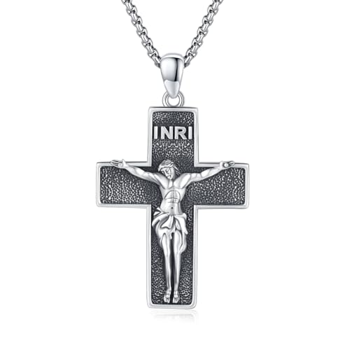 Crucifix Necklace for Men 925 Sterling Silver Jesus Cross Necklace Crucifix Cross Pendant Protection Jewelry for Men Women - style: B05-INRI