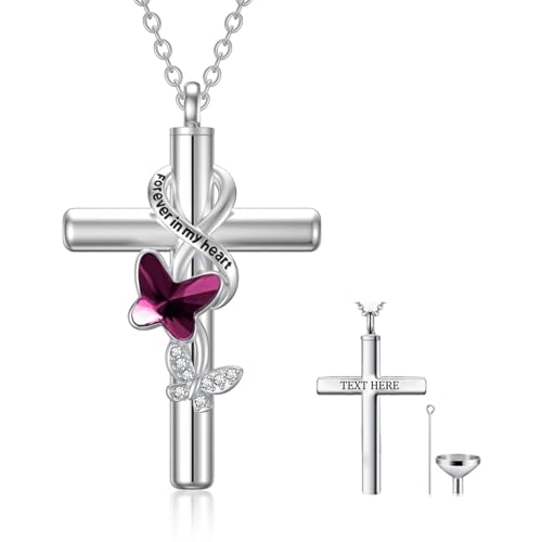 Cross Urn Necklace for Ashes 925 Sterling Silver Cremation Jewelry with Funnel Filler Kit Ashes Necklace for Human Women Girl Pets - color: A_Purple Butterfly Urn Necklace, style: Personalized