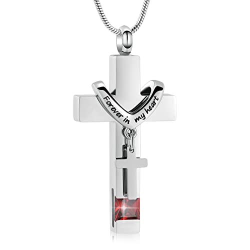 Forever in My Heart Birthstone Personalized Double Cross Urn Pendant Cremation Jewelry for Ashes Cross Ashes Keepsake - color: Silver-Red