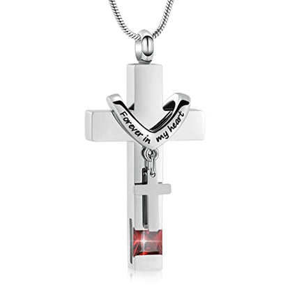 Forever in My Heart Birthstone Personalized Double Cross Urn Pendant Cremation Jewelry for Ashes Cross Ashes Keepsake - color: Silver-Red