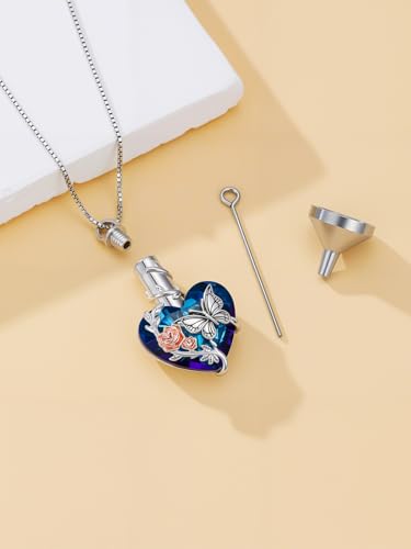 WINNICACA Silver Cremation Urn Necklaces for Ashes of Loved Ones - style: Rose Butterfly Crystal Necklace