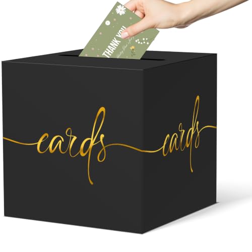 Black Card Box with Gold Foil Design, Paperboard 8.7" Gift Card Holder for Wedding Graduation Birthday Party Reception Retirement Anniversary Bridal & Baby Shower - color: Black Card Box with Gold Foil, size: 8.7×8.7×8.7Inch(1 Pack)
