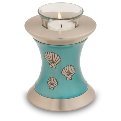 Shells of The Sea Tealight Cremation Urn for Ashes - Aqua Blue, Brass Memorial Candle Extra Small Sized, 5.5 Inches High - color: Aqua Blue