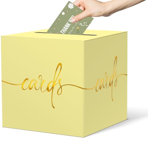Light Yellow Card Box with Gold Foil Design, Paperboard 8.7" Gift Card Holder for Wedding Graduation Birthday Party Reception Retirement Anniversary Bridal & Baby Shower - color: Light Yellow Card Box with Gold Foil, size: 8.7×8.7×8.7Inch(1 Pack)