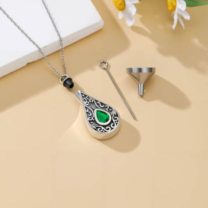 Teardrop Urn Necklace for Ashes Filigree Birthstone Keepsake Pendant Cremation Jewelry for Ashes Memorial Jewelry Gifts for Loss of a Loved One for Women - style: May-Emerald