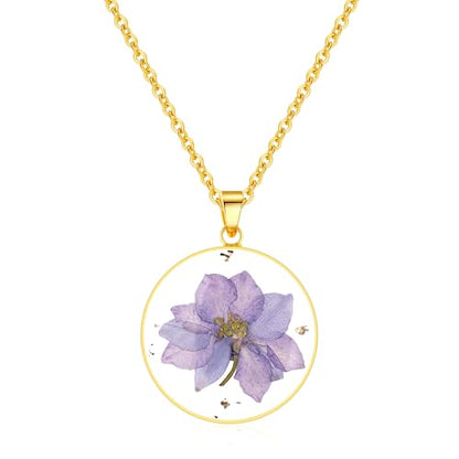 AUNTESIGN Forget-Me-Not and Queen Anne's Lace Pressed Wildflower Necklace | Birth Month Flowers Necklace | Gold/Silver Pressed Flower Jewelry | Mother's Day | Gift For Her - color: Larkspur Necklace(July Birth Flower)