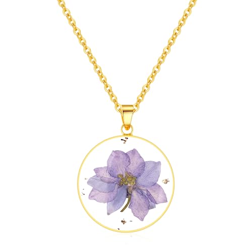 AUNTESIGN Forget-Me-Not and Queen Anne's Lace Pressed Wildflower Necklace | Birth Month Flowers Necklace | Gold/Silver Pressed Flower Jewelry | Mother's Day | Gift For Her - color: Larkspur Necklace(July Birth Flower)