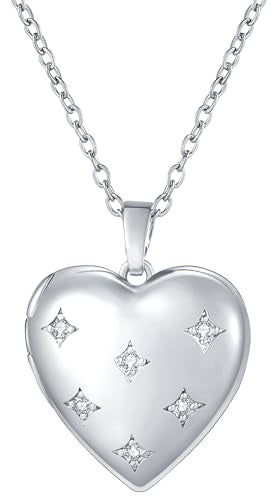 YOUFENG Love Heart Locket Necklace that Holds Pictures Photo Locket Birthday Gifts - style: Silver-plated 6 CZ
