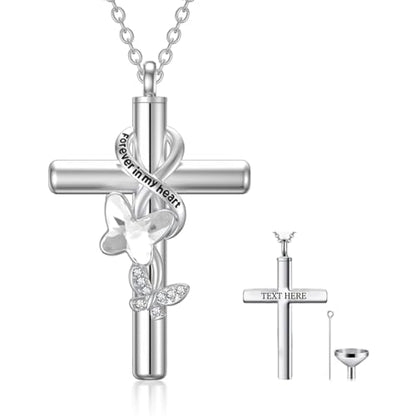 Cross Urn Necklace for Ashes 925 Sterling Silver Cremation Jewelry with Funnel Filler Kit Ashes Necklace for Human Women Girl Pets - color: A_Clear Butterfly Urn Necklace, style: Personalized