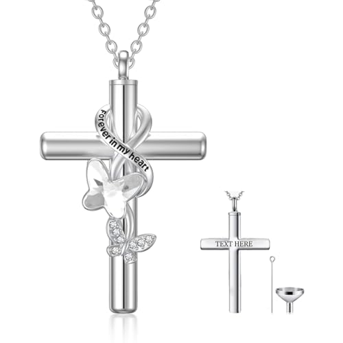 Cross Urn Necklace for Ashes 925 Sterling Silver Cremation Jewelry with Funnel Filler Kit Ashes Necklace for Human Women Girl Pets - color: A_Clear Butterfly Urn Necklace, style: Personalized