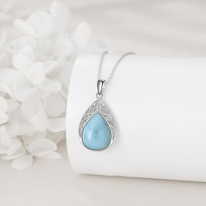 CRMAD Larimar/Opal/Lapis Lazuli/Tourmaline/Malachite/Labradorite/Turquoise/Onyx/Rose Quartz/Amber/Peridot Necklace for Women 925 Sterling Silver Teardrop Pendant Jewelry Gifts - color: larimar