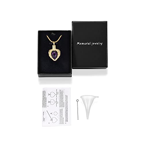 memorial jewelry Gold Angel Wings Glass Heart Urn Pet/Human Cremation Pendant Necklace Jewelry for Ashes - color: Purple