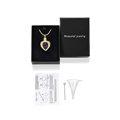 memorial jewelry Gold Angel Wings Glass Heart Urn Pet/Human Cremation Pendant Necklace Jewelry for Ashes - color: Purple