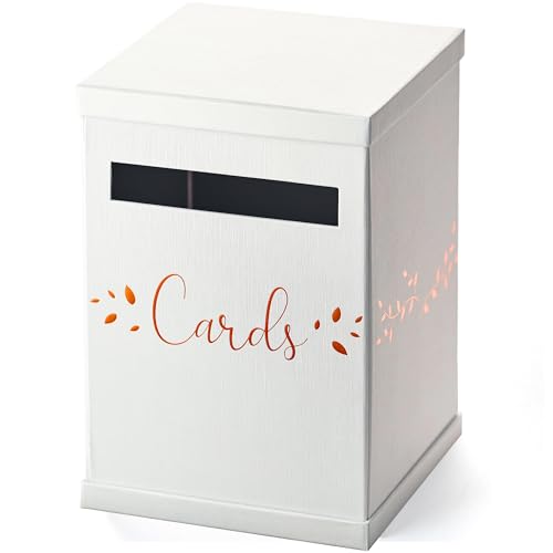 White & Rose Gold Card Box, Large 12” x 8” Gift Card Holder Wedding Mailbox | Sweet 16, Birthday Party, Graduation, Baby & Bridal Shower, Quinceanera, Money Basket, Funeral, Retirement, Pink Envelope Box