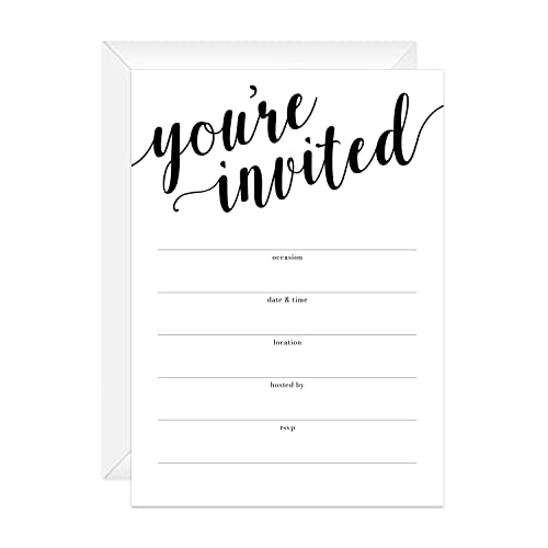 Canopy Street Black And White All Occasion Script Invitations / 25 Fill In General Use Invites / 5" x 7" Flat Modern Shower Party Or Event Invitation/Made In The USA - style: You’re Invited