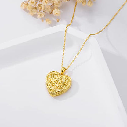 SOULMEET Personalized Tree of Life/Palm Tree Heart Locket Sterling Silver Necklace That Holds 1 or 2 Pictures Memorial Vintage Photo Locket Custom Any Photo Healing Gift - style: D2-Gold tree locket+photo