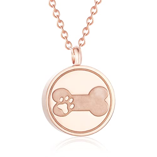 Round Pet Urn Pendant Necklace, Dog Paw Print and Bone Engraved Cremation Jewelry for Ashes, Stainless Steel Dog Keepsake Jewelry Urn Necklaces for Ashes for Women Men - color: Rose Gold