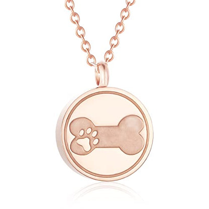 Round Pet Urn Pendant Necklace, Dog Paw Print and Bone Engraved Cremation Jewelry for Ashes, Stainless Steel Dog Keepsake Jewelry Urn Necklaces for Ashes for Women Men - color: Rose Gold