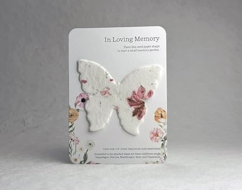 Of The Earth Handmade Paper - Custom Memorial Favors - In Loving Memory Recycled Card 3.5" x 4.875" w/Seed Paper Shapes - Set of 16 (ILM Butterfly (Ranunculus)) - color: ILM Butterfly (Ranunculus)