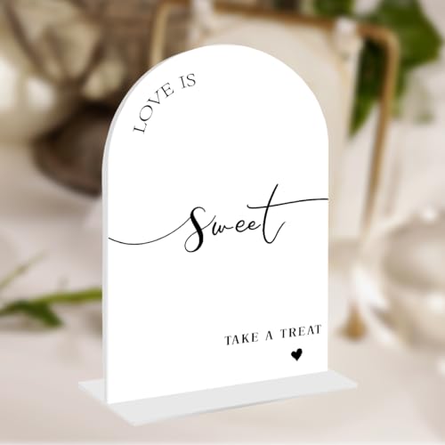 Love Is Sweet Take a Treat Wedding Sign, Acrylic Table Decor with Stand | 5×7 Inch Modern Calligraphy Reception Signage for Ceremony Dessert Candy Table Decoration - color: Sweet 1