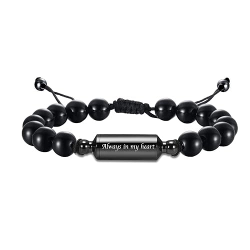 Hearbeingt Cremation Jewelry Urn Bracelet for Ashes Braided Rope Beads | Cremation Bangle Chakra Healing Balancing Memorial Keepsake Ashes Bracelet for Women Men - color: Black-Always in my heart.