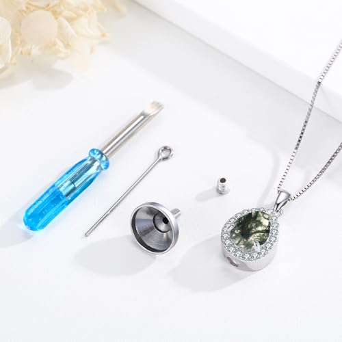 Urn necklace for Ashes 925 Sterling Silver Opal/Turquoise/Moonstone/Moss agate Pendant Cremation Memory Jewelry Keepsake Gifts for Women - style: Moss Agate