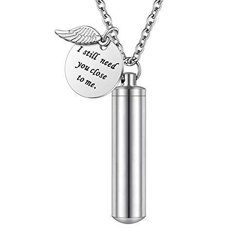 abooxiu Cylinder Urn Necklace for Ashes Cremation Jewelry/Keychain for human Pet Stainless Steel Memorial Keepsake Pendant with Angel Wing Charm Ashes - color: Silver-l