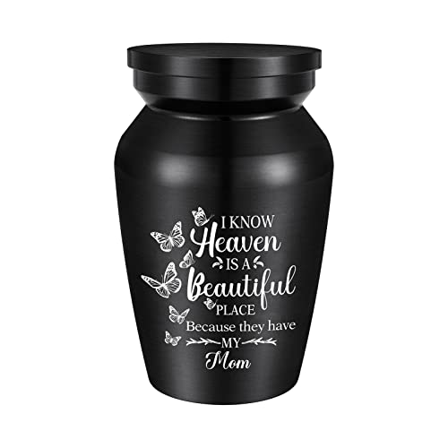 Aluminium Mini Keepsake Urn - Small Cremation Urn for Memorial Ashes - Butterflies - I Know Heaven is A Beautiful Place Because They Have My Mom