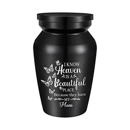 Aluminium Mini Keepsake Urn - Small Cremation Urn for Memorial Ashes - Butterflies - I Know Heaven is A Beautiful Place Because They Have My Mom