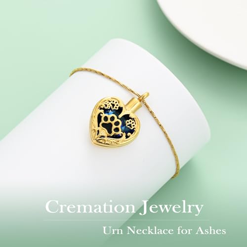 Yinplsmemory Pet Urn Necklace Pendant Jewelry for Dog Cat Memorial Crystal Heart Cremation Jewelry with Paw Print Ashes Keepsake Funeral Jewelry - color: Gold-blue