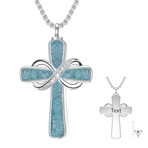 Turquoise Cross Urn Necklaces for Human Ashes 925 Sterling Silver Urn Necklaces Cremation Keepsake Memorial Pendant Necklace for Ashes for Loved One Human Pet - style: Infinity-Text