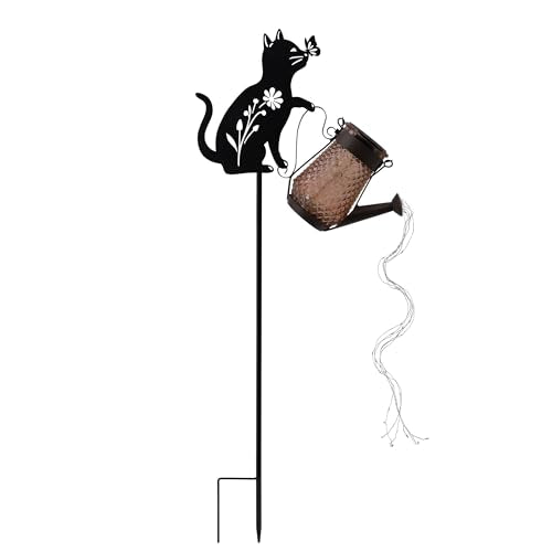 Solar Watering Can Light Cat Stake 36in Garden Waterfall LED Outdoor Art - color: Cat Watering Can