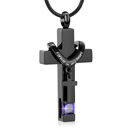 Forever in My Heart Birthstone Personalized Double Cross Urn Pendant Cremation Jewelry for Ashes Cross Ashes Keepsake - color: Purple