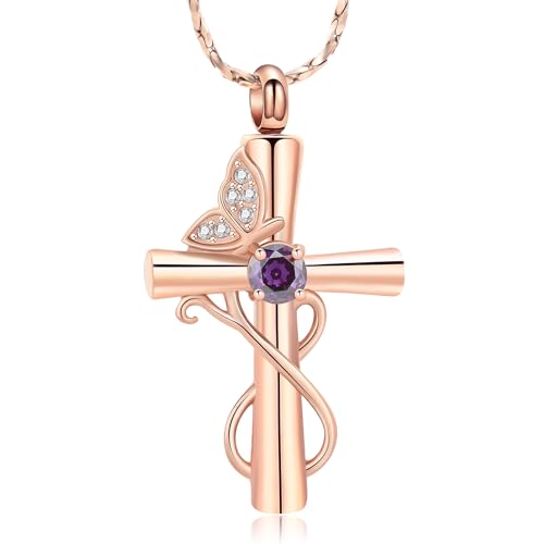 Imrsanl Butterfly Cremation Jewelry Cross Urn Necklace for Ashes | Ashes Holder Keepsake, Human Pet Funeral Memorial Pendant, For Women, In Memory of a Beloved - color: Rose Gold-Purple