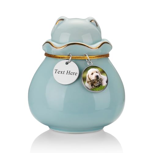 SOITIS Engraving Pet Memorial Urn for Cat or Dog Ashes - 3.54"x3.15" Elegant Ceramic Keepsake with Pet-Shaped Lid & Gold Trim, Small Blue Urn for Pet Ashes Pet Memorial Keepsake Portable Size for Pet - color: Blue-custom