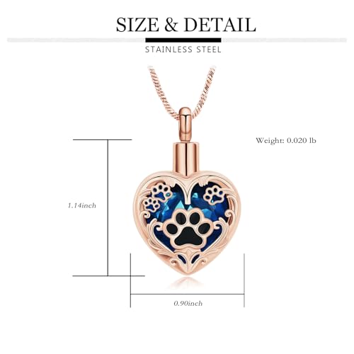 Yinplsmemory Pet Urn Necklace Pendant Jewelry for Dog Cat Memorial Crystal Heart Cremation Jewelry with Paw Print Ashes Keepsake Funeral Jewelry - color: Rose gold-blue
