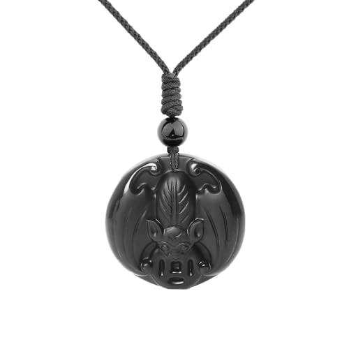 ASGIFT Black Obsidian Necklace Healing Crystal Stone Amulet Protection Pendant with Adjustable Rope Necklace Birthday Christmas Gift for Men Women - color: Bat A