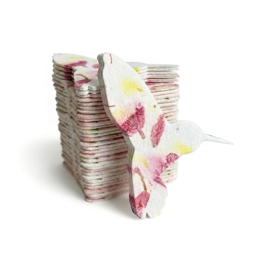24 Pink & Yellow Hummingbird Plantable Memorial Gift Tags | Writable wildflower seed tags for funeral favors, sympathy gifts, memorial services, and celebration of life keepsakes - color: Pink & Yellow, style: Humming Bird