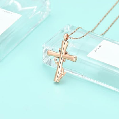 Butterfly Cross Urn Necklace for Ashes Birthstone Cremation Jewelry for Men Women Ashes Pendant Keepsake Memorial Ash Jewelry - color: Rosegold-Purple