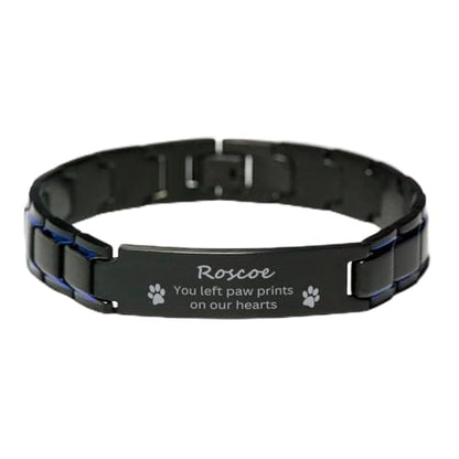 Roscoe You Left Paw Prints On Our Hearts Blue Black Metal Bracelet - Loss of Pet Remembrance ID Plate Bracelet Dog Cat Pet Paw Pet Lover Memorial Gifts For Men Women, Engraved Adjustable