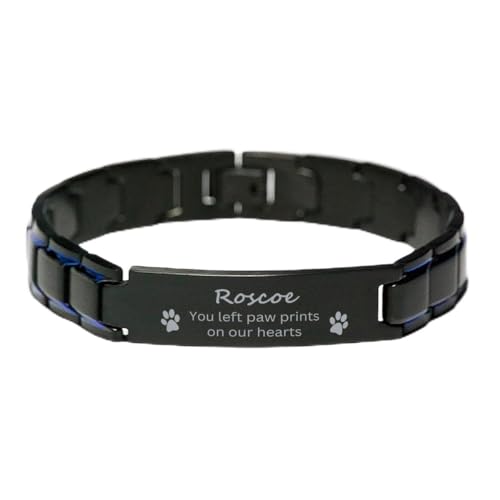Roscoe You Left Paw Prints On Our Hearts Blue Black Metal Bracelet - Loss of Pet Remembrance ID Plate Bracelet Dog Cat Pet Paw Pet Lover Memorial Gifts For Men Women, Engraved Adjustable