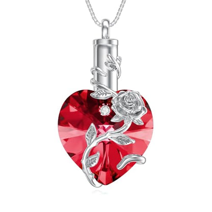OCJ Heart Rose Flower Urn Necklace for Ashes Women Birthstone Cremation Necklaces Sterling Silver Memorial Cremation Jewelry Gifts - color: 01-Jan-Garnet