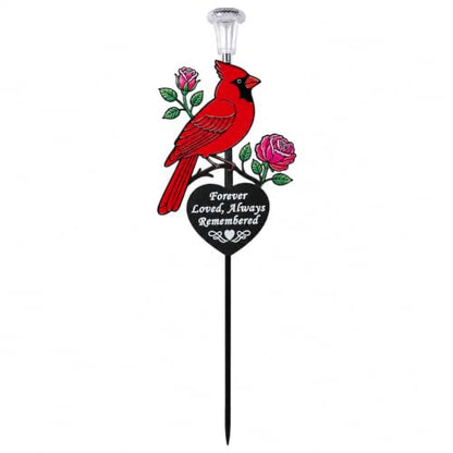 Solar Cardinal Memorial Garden Stake with 'Always Loved, Never Forgotten' Sentiment, Red Bird and Rose Design (Heart Shaped)